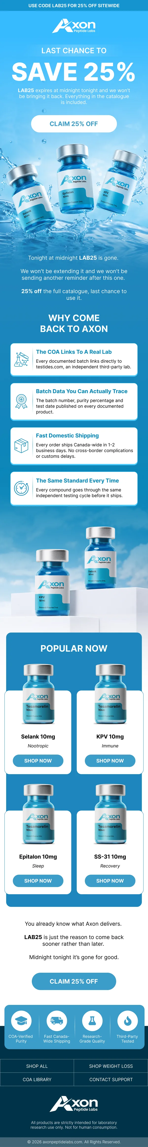 AxonPeptideLabs email — COA links and batch traceability