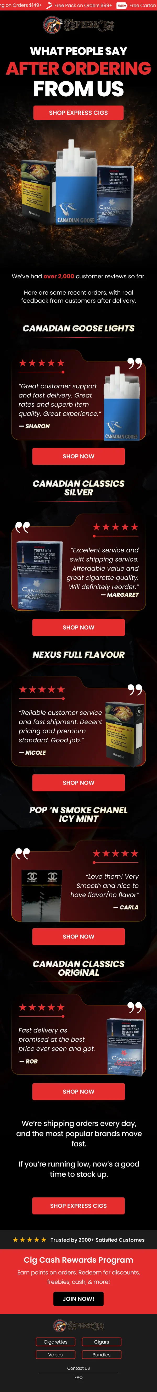 Express Cigs email — customer reviews after ordering