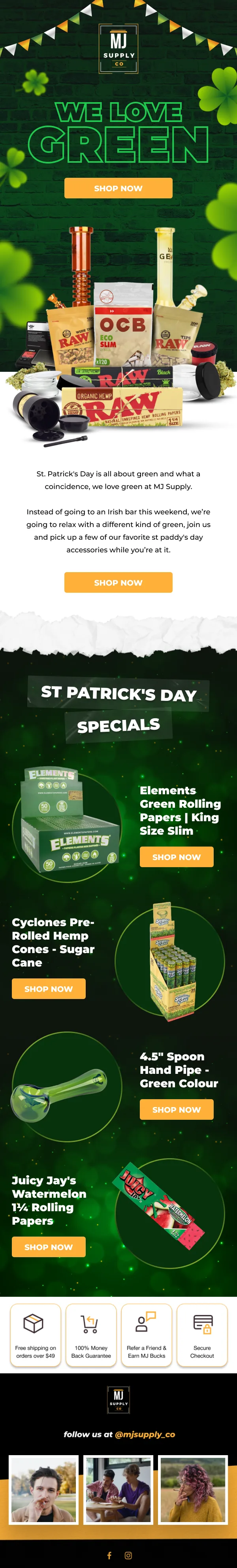 MJ Supply email — St. Patrick's Day specials